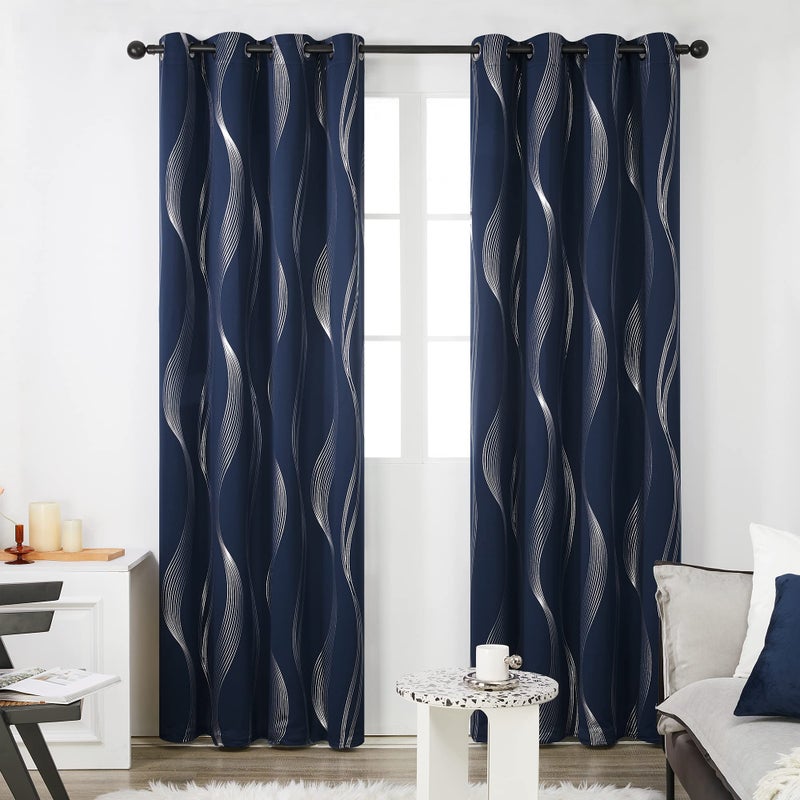 Deconovo Navy Blue Blackout Curtains 2 Panel Set for Bedroom, Thermal Insulated Grommet Room Darkening Window Drapes for Living Room, Silver Wave Foil Print, 52W x 84L Inch - Image 2